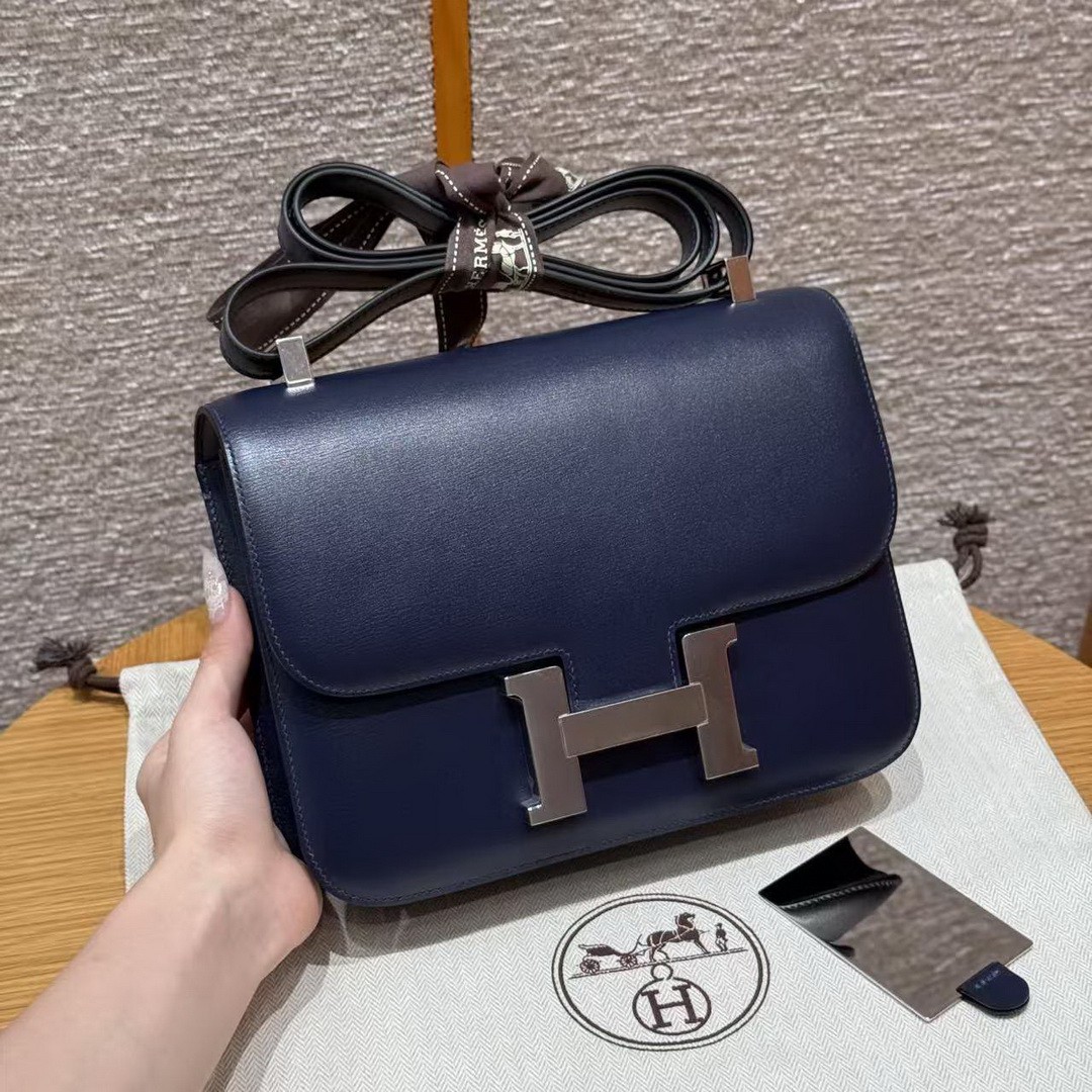 Hermes Constance 24 CM Bag Handmade In Box Calfskin Leather Silver Hardware 73 Blue Saphir