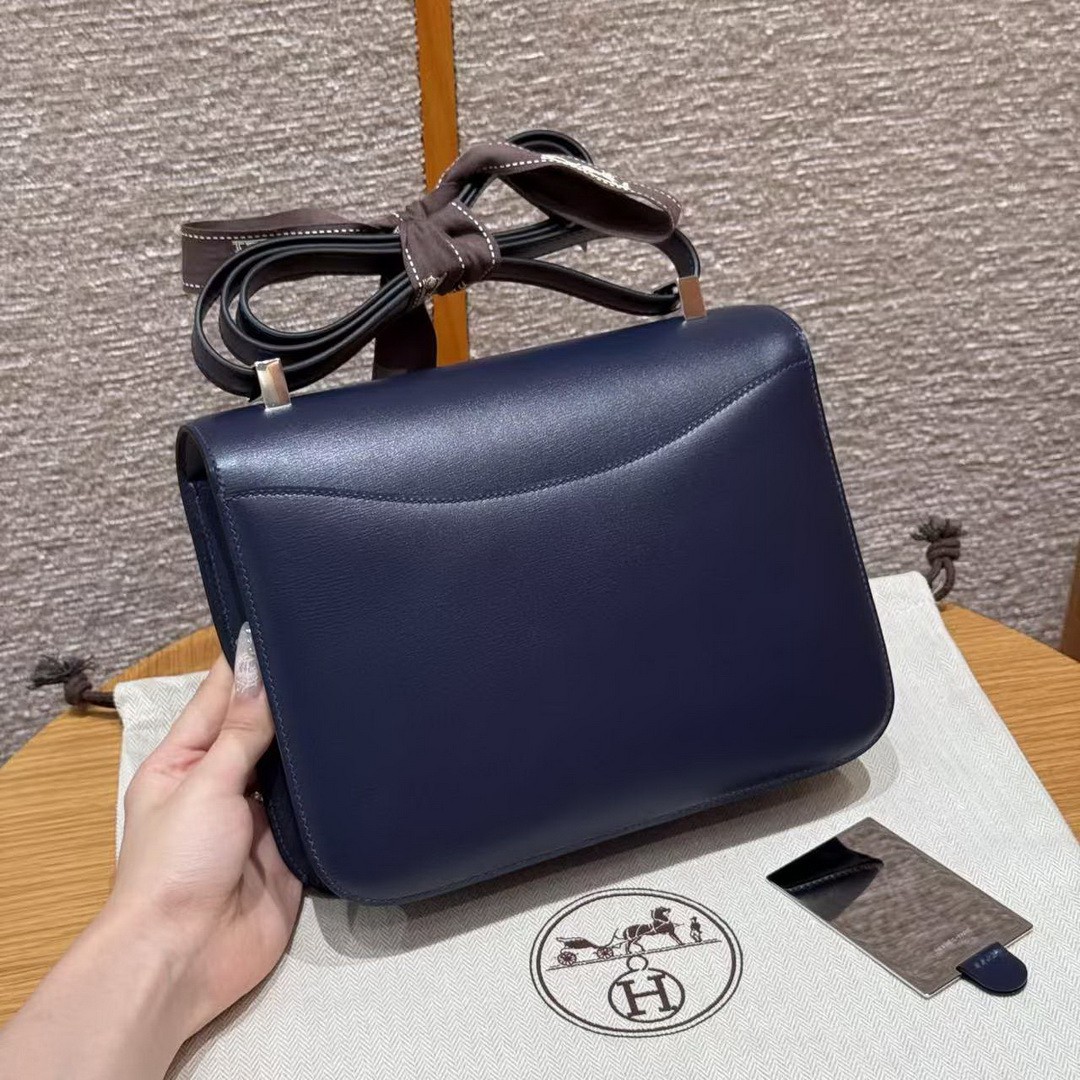 Hermes Constance 24 CM Bag Handmade In Box Calfskin Leather Silver Hardware 73 Blue Saphir - Image 2