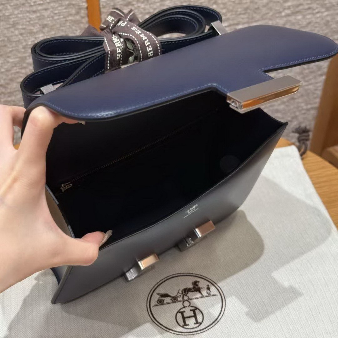 Hermes Constance 24 CM Bag Handmade In Box Calfskin Leather Silver Hardware 73 Blue Saphir - Image 16