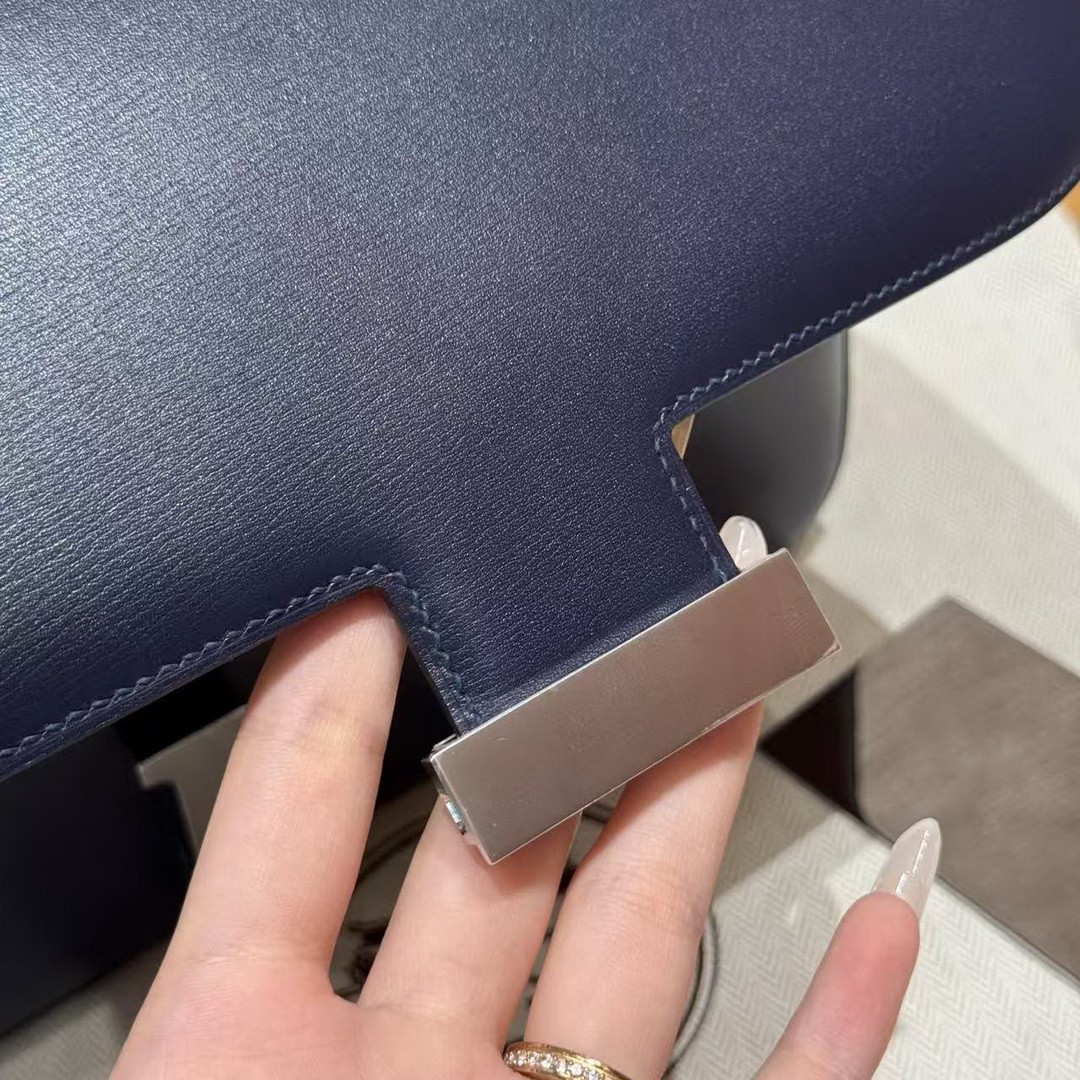 Hermes Constance 24 CM Bag Handmade In Box Calfskin Leather Silver Hardware 73 Blue Saphir - Image 11
