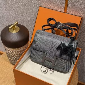 Hermes Constance 24 CM Bag Handmade In Lizard Leather from South Africa Silver Hardware 84 Gris Fonce - Image 12