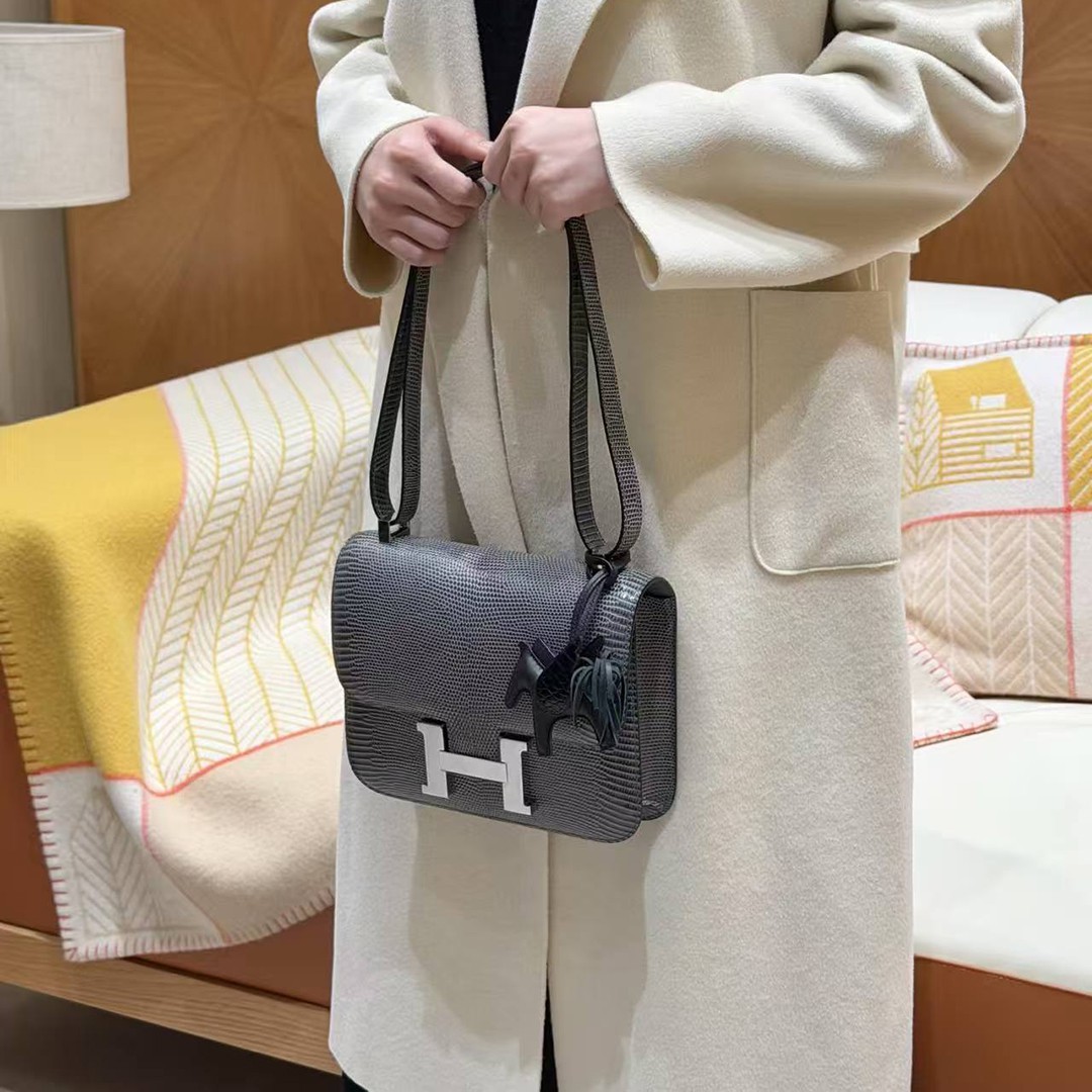 Hermes Constance 24 CM Bag Handmade In Lizard Leather from South Africa Silver Hardware 84 Gris Fonce - Image 3