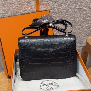 Hermes Constance 24 CM Bag Handmade In Alligator Leather from Mississippi Silver Hardware 89 Noir - Image 2