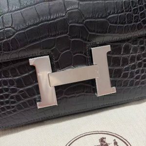 Hermes Constance 24 CM Bag Handmade In Alligator Leather from Mississippi Silver Hardware 89 Noir - Image 13