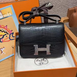 Hermes Constance 24 CM Bag Handmade In Alligator Leather from Mississippi Silver Hardware 89 Noir - Image 11