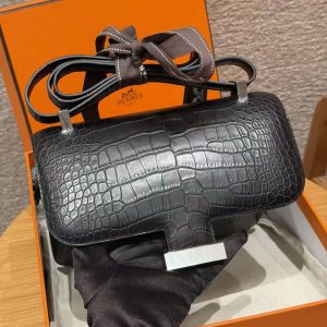 Hermes Constance 24 CM Bag Handmade In Alligator Leather from Mississippi Silver Hardware 89 Noir - Image 10