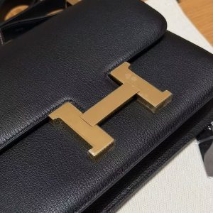Hermes Constance 24 CM Bag Handmade In Chèvre Calfskin Leather Gold Hardware 89 Noir - Image 13
