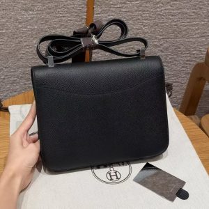 Hermes Constance 24 CM Bag Handmade In Epsom Calfskin Leather Silver Hardware 89 Noir - Image 2
