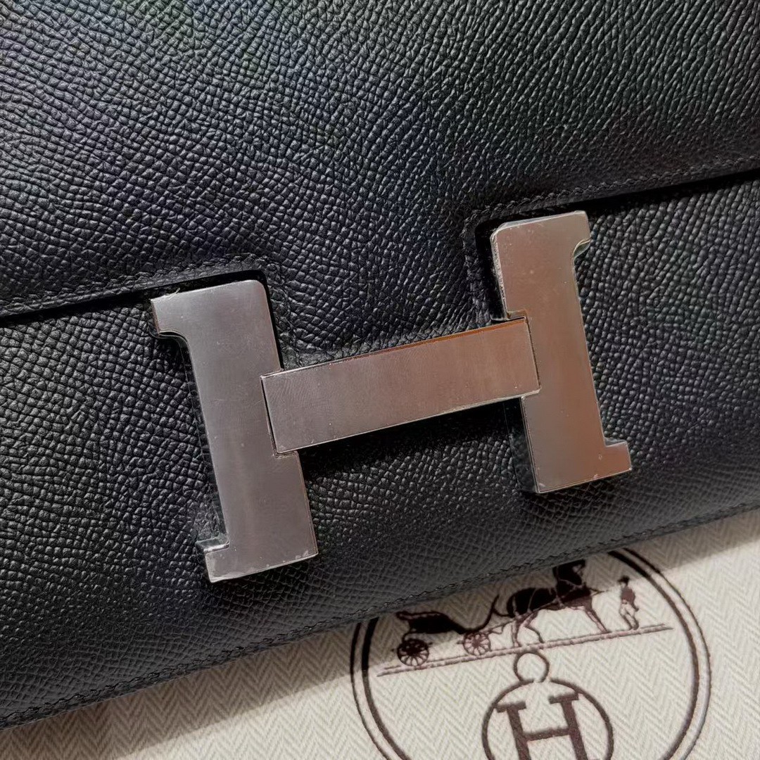 Hermes Constance 24 CM Bag Handmade In Epsom Calfskin Leather Silver Hardware 89 Noir - Image 11