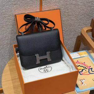 Hermes Constance 24 CM Bag Handmade In Epsom Calfskin Leather Silver Hardware 89 Noir - Image 7
