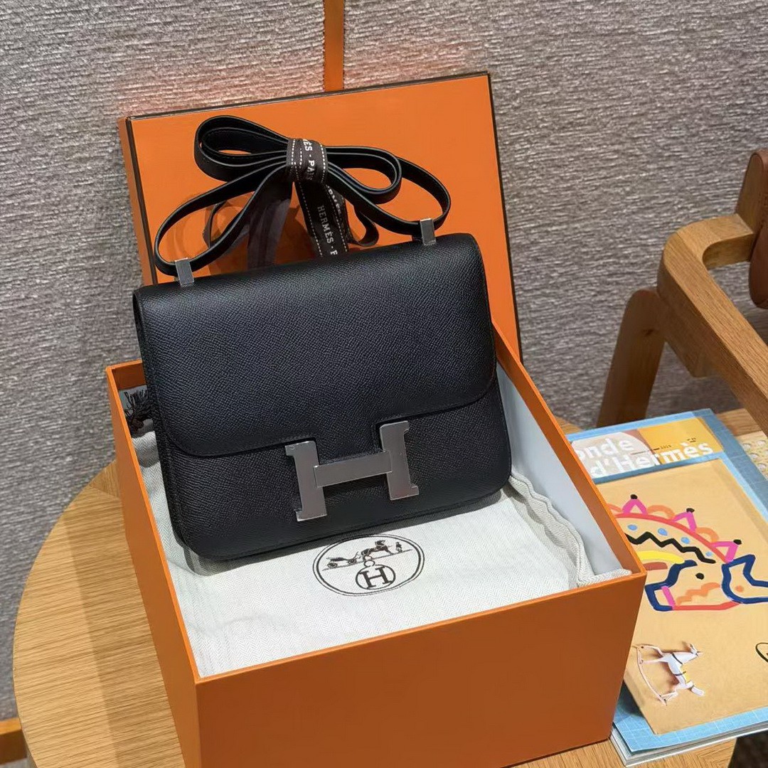 Hermes Constance 24 CM Bag Handmade In Epsom Calfskin Leather Silver Hardware 89 Noir - Image 7