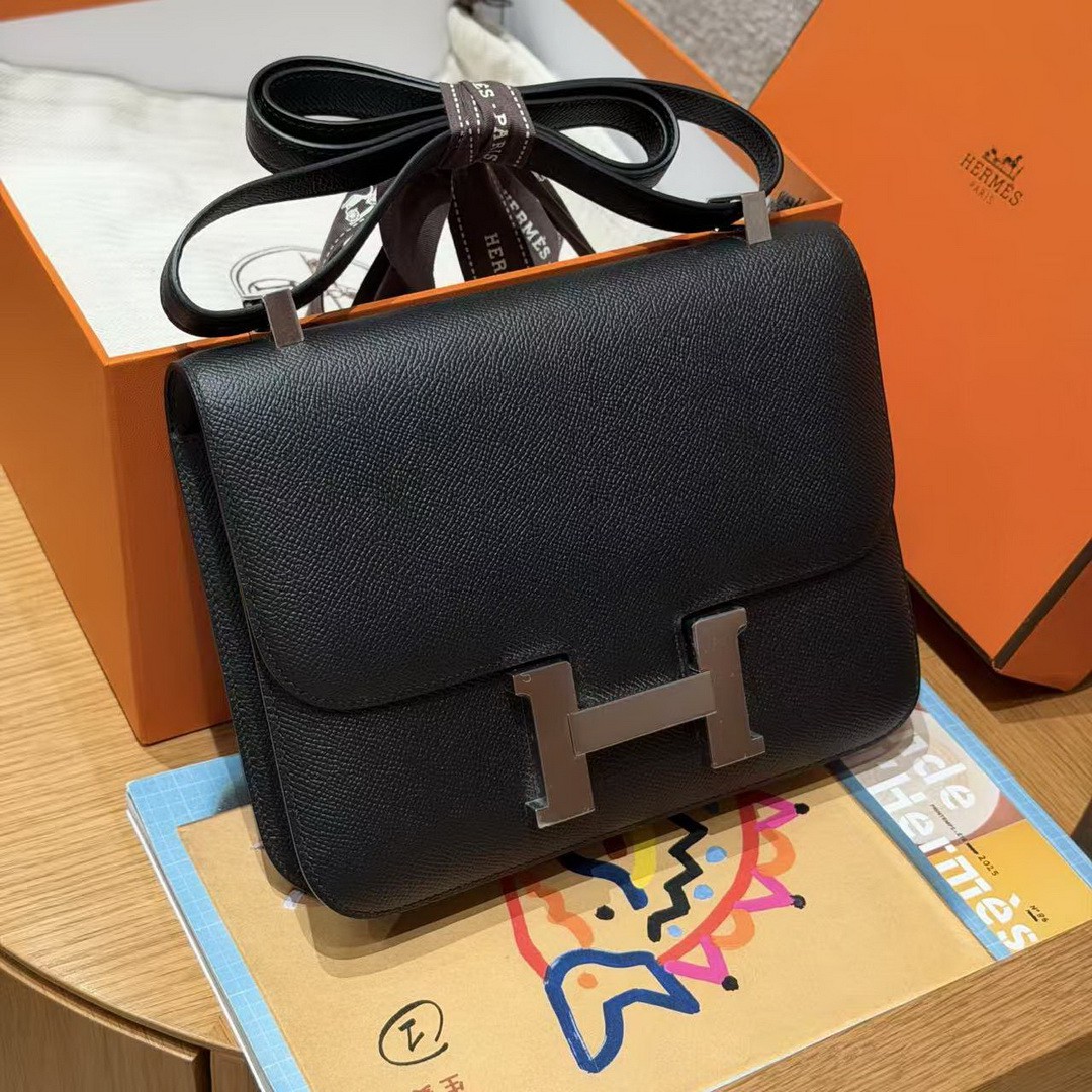Hermes Constance 24 CM Bag Handmade In Epsom Calfskin Leather Silver Hardware 89 Noir - Image 6