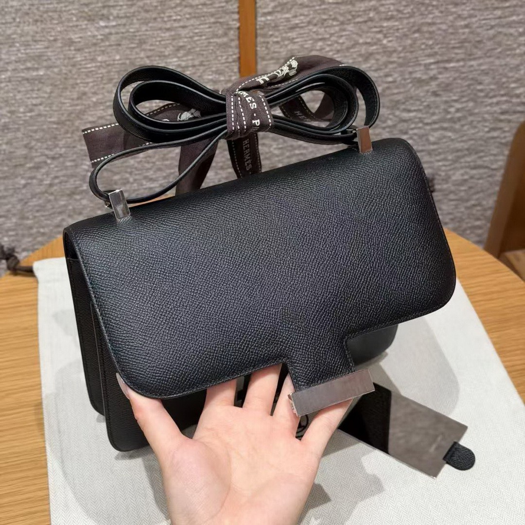 Hermes Constance 24 CM Bag Handmade In Epsom Calfskin Leather Silver Hardware 89 Noir - Image 5
