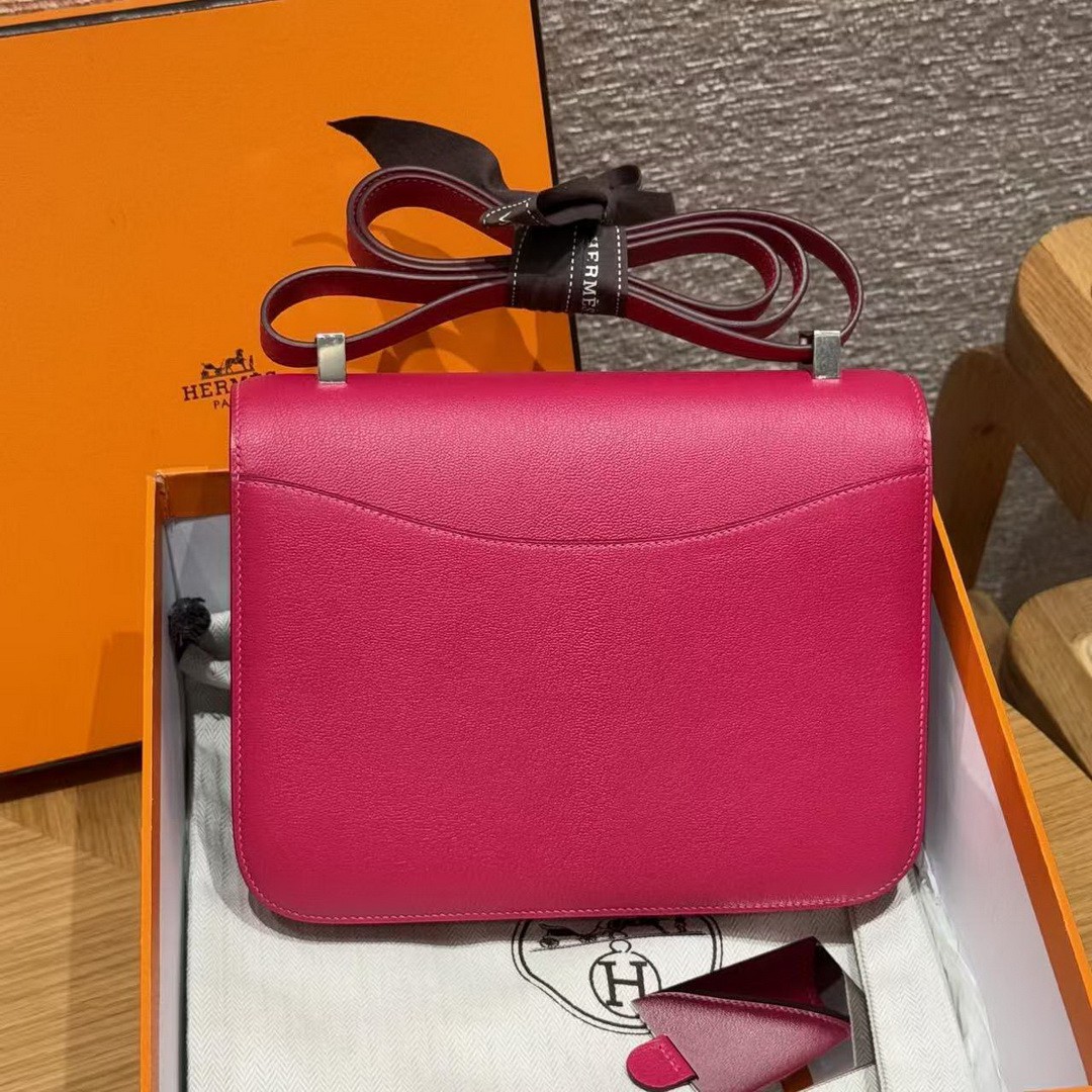 Hermes Constance 24 CM Bag Handmade In Chèvre Calfskin Leather Silver Hardware 90 Framboise - Image 2