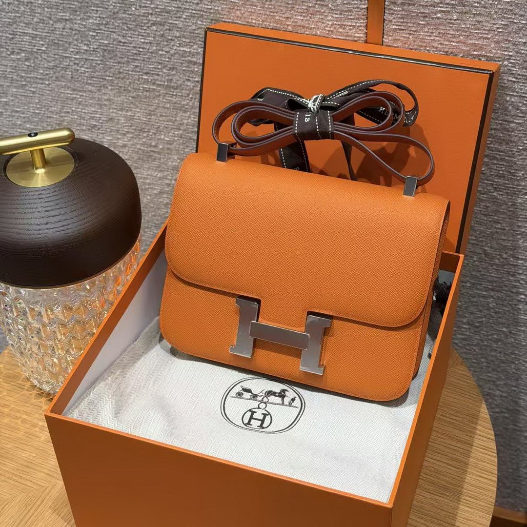 Hermes Constance 24 CM Bag Handmade In Epsom Calfskin Leather Silver Hardware 93 Orange - Image 11