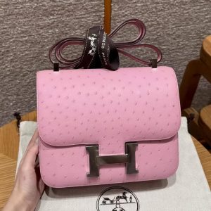 Hermes Constance 24 CM Bag Handmade In KK Ostrich Leather from South Africa Silver Hardware L4 Bubble Gum