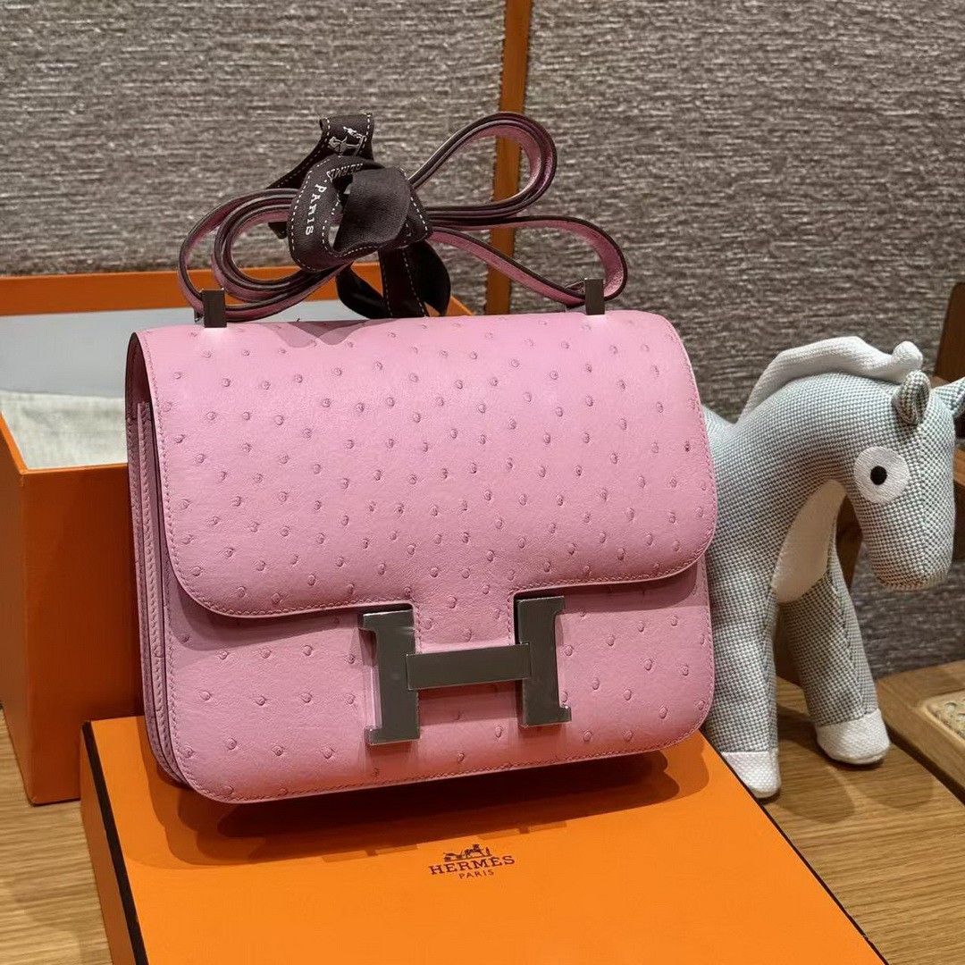 Hermes Constance 24 CM Bag Handmade In KK Ostrich Leather from South Africa Silver Hardware L4 Bubble Gum - Image 19