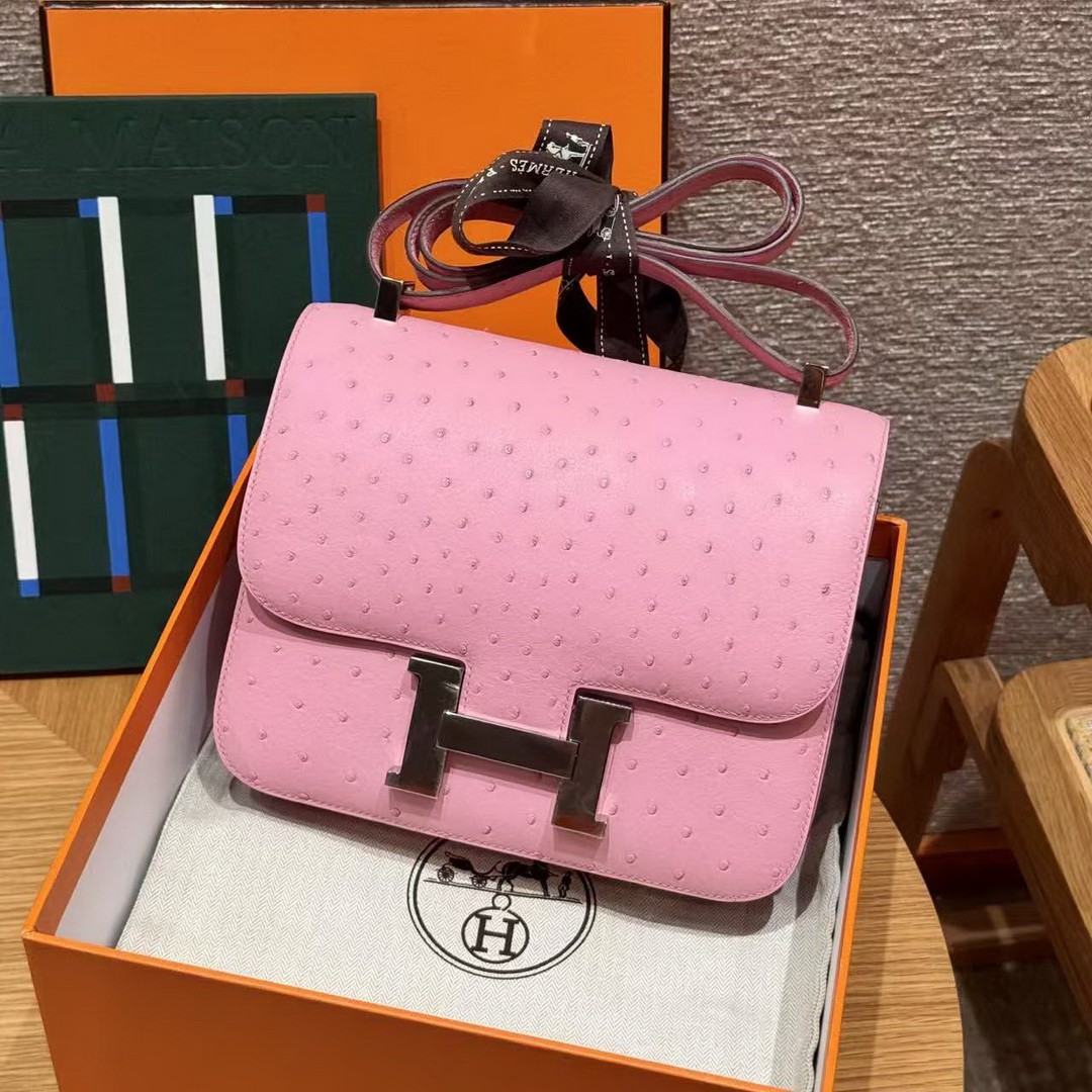 Hermes Constance 24 CM Bag Handmade In KK Ostrich Leather from South Africa Silver Hardware L4 Bubble Gum - Image 10