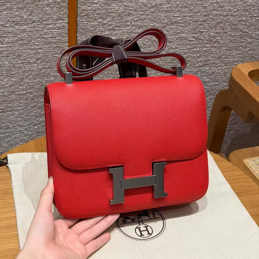 Hermes Constance 24 CM Bag Handmade In Epsom Calfskin Leather Silver Hardware S3 Rouge Coeur