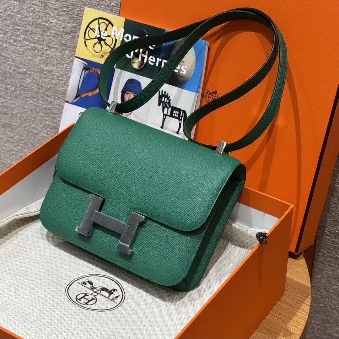 Hermes Constance 24 CM Bag Handmade In Epsom Calfskin Leather Silver Hardware U4 Vert Vertigo - Image 16