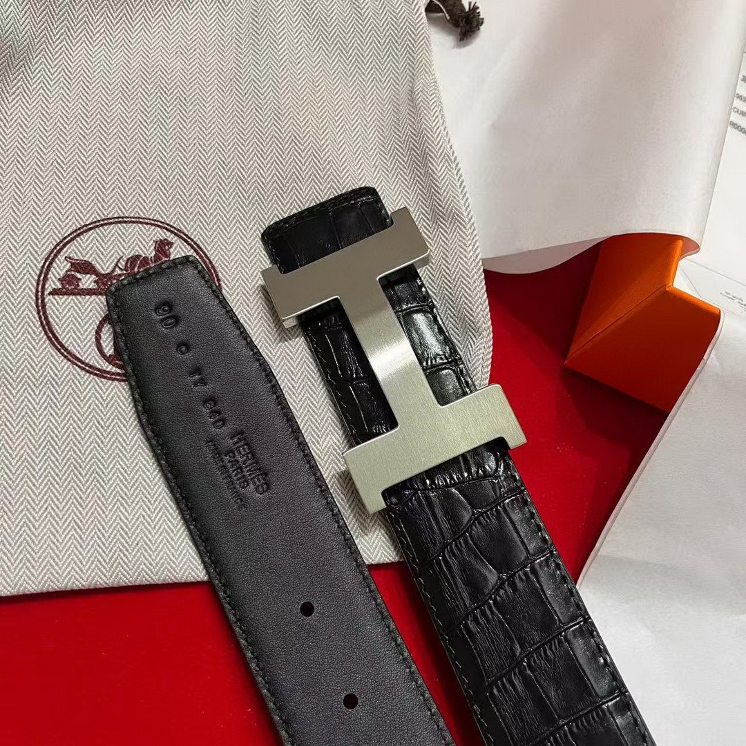 Constance Belt Buckle & Mississippiensis Alligator Leather Strap 38 mm Brushed Palladium Buckle Silver Noir - Image 5