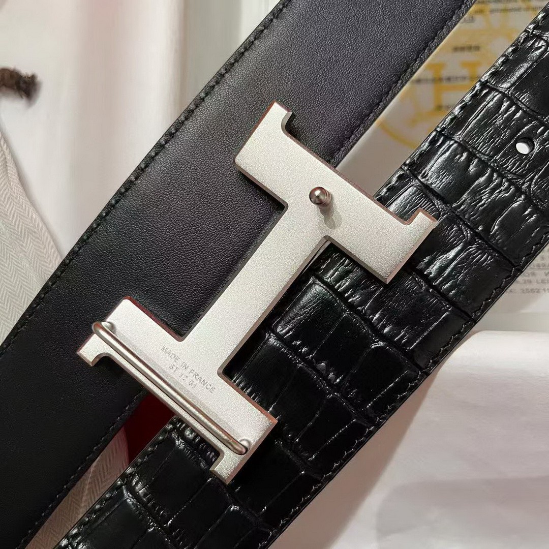 Constance Belt Buckle & Mississippiensis Alligator Leather Strap 38 mm Brushed Palladium Buckle Silver Noir - Image 4