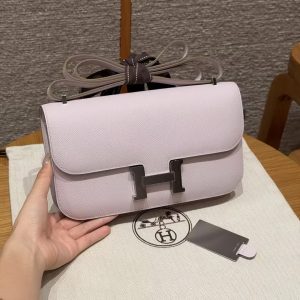 Hermes Constance Elan 24 Bag Handmade In Epsom Calfskin Leather Silver Hardware 09 Mauve Pale