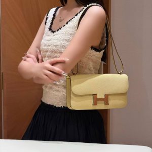 Hermes Constance Elan 24 Bag Handmade In Epsom Calfskin Leather Silver Hardware 1Z Jaune Poussin - Image 4