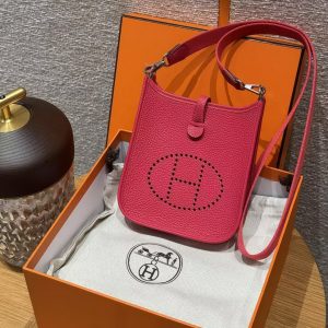 Hermes Evelyne 16 CM Bag Handmade In Taurillon Clemence Leather Sliver Hardware 0D Rose Maxico - Image 11