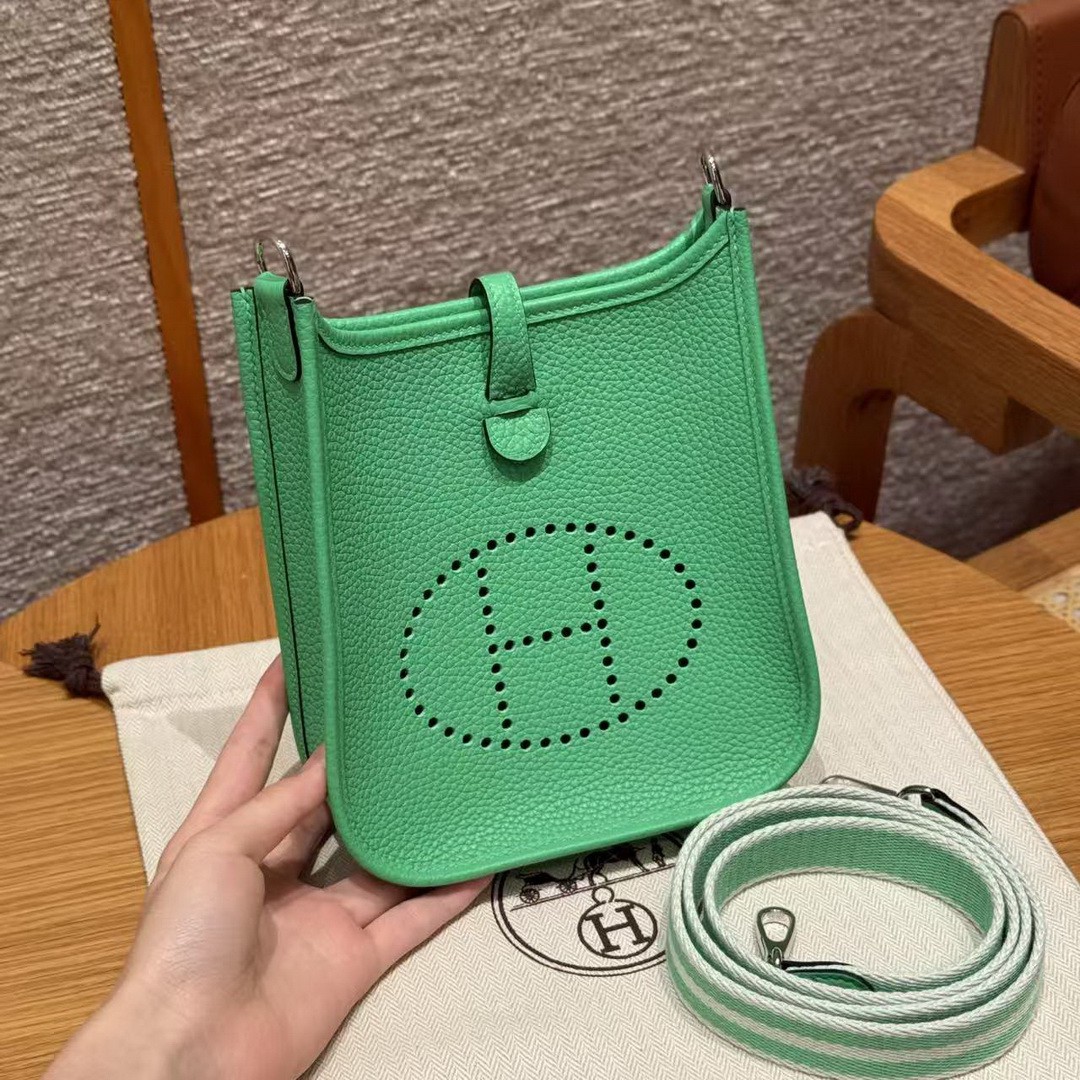Hermes Evelyne 16 CM Bag Handmade In Epsom Calfskin Leather Sliver Hardware 0T Vert Comics