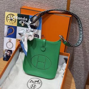 Hermes Evelyne 16 CM Bag Handmade In Taurillon Clemence Leather Silver Hardware 1K Bambou - Image 16