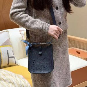 Hermes Evelyne 16 CM Bag Handmade In Taurillon Clemence Leather Silver Hardware 2Z Blue Niut - Image 3