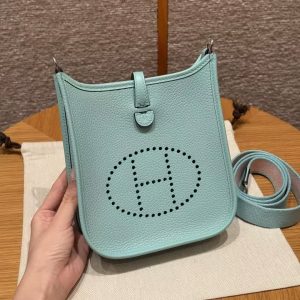 Hermes Evelyne 16 CM Bag Handmade In Taurillon Clemence Leather Sliver Hardware 3P Blue Atoll