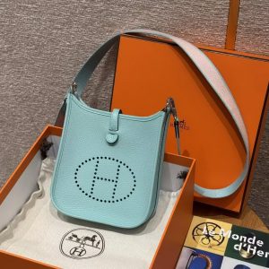Hermes Evelyne 16 CM Bag Handmade In Taurillon Clemence Leather Sliver Hardware 3P Blue Atoll - Image 13