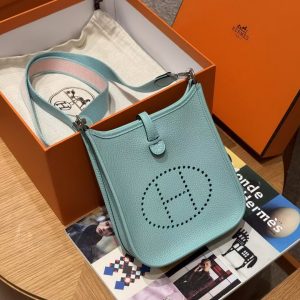 Hermes Evelyne 16 CM Bag Handmade In Taurillon Clemence Leather Sliver Hardware 3P Blue Atoll - Image 12