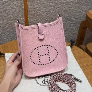 Hermes Evelyne 16 CM Bag Handmade In Taurillon Clemence Leather Silver Hardware 3Q Rose Sakura