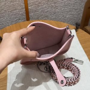 Hermes Evelyne 16 CM Bag Handmade In Taurillon Clemence Leather Silver Hardware 3Q Rose Sakura - Image 14
