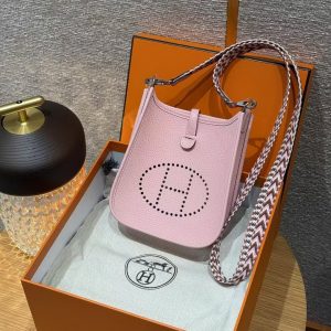 Hermes Evelyne 16 CM Bag Handmade In Taurillon Clemence Leather Silver Hardware 3Q Rose Sakura - Image 10