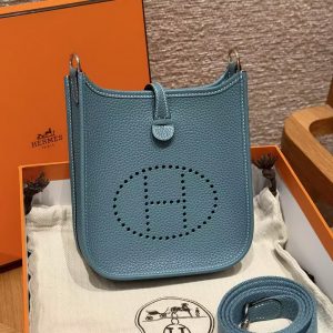 Hermes Evelyne 16 CM Bag Handmade In Taurillon Clemence Leather Silver Hardware 75 Bleu Jean