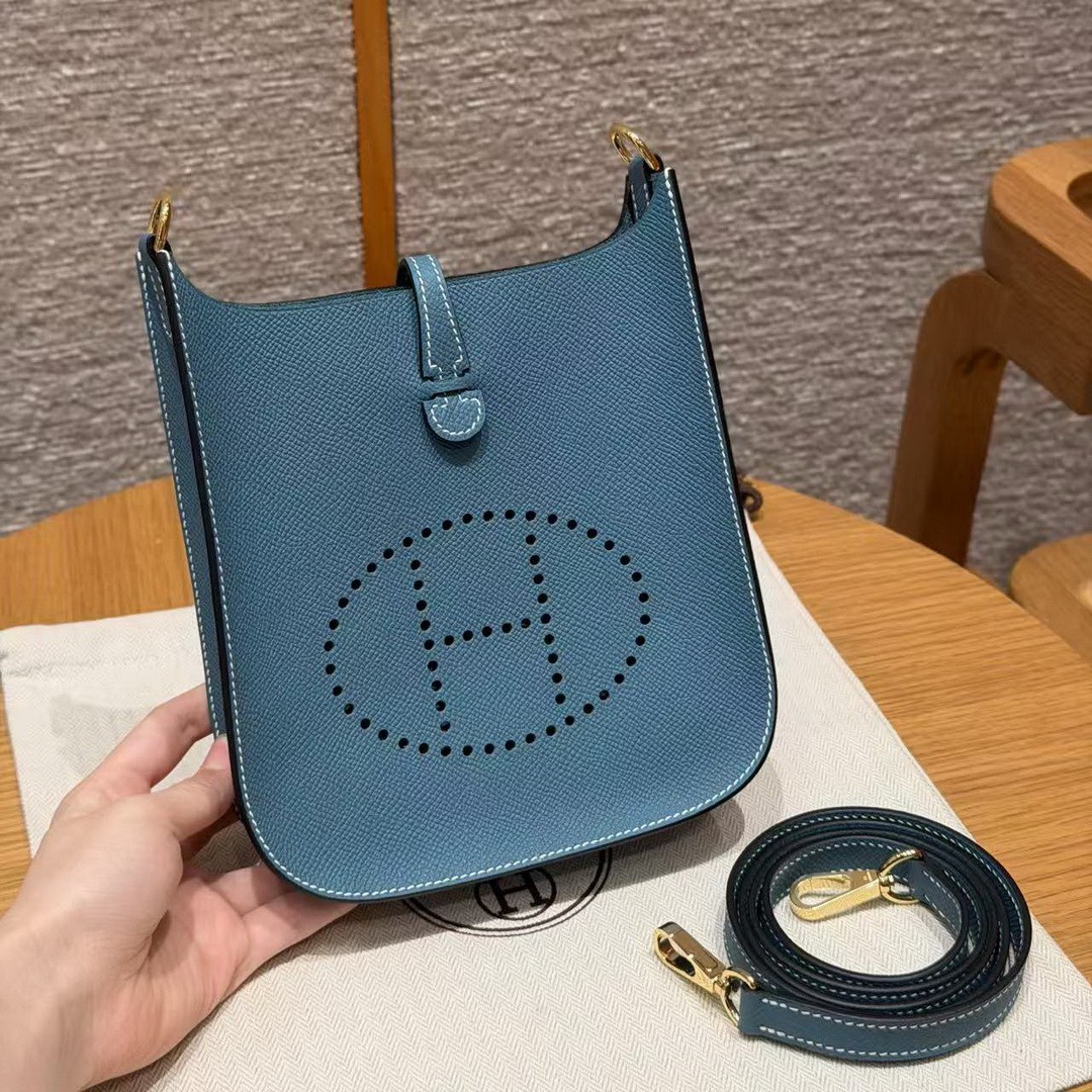 Hermes Evelyne 16 CM Bag Handmade In Epsom Calfskin Leather Gold Hardware 75 Blue Jean