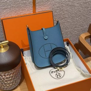 Hermes Evelyne 16 CM Bag Handmade In Epsom Calfskin Leather Gold Hardware 75 Blue Jean - Image 12