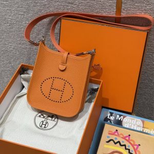 Hermes Evelyne 16 CM Bag Handmade In Taurillon Clemence Leather Silver Hardware 93 Orange - Image 9