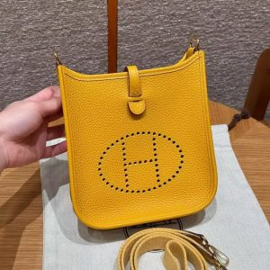Hermes Evelyne 16 CM Bag Handmade In Taurillon Clemence Leather Gold Hardware 9D Jaune Amber