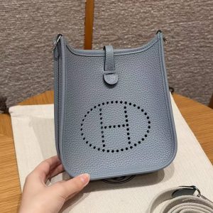 Hermes Evelyne 16 CM Bag Handmade In Taurillon Clemence Leather Silver Hardware J7 Blue Lin