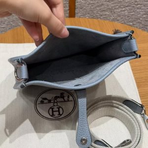 Hermes Evelyne 16 CM Bag Handmade In Taurillon Clemence Leather Silver Hardware J7 Blue Lin - Image 14