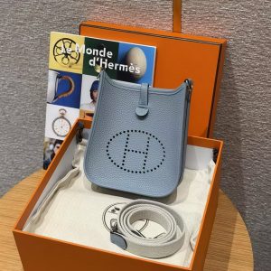 Hermes Evelyne 16 CM Bag Handmade In Taurillon Clemence Leather Silver Hardware J7 Blue Lin - Image 3