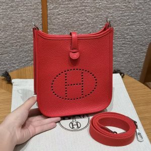 Hermes Evelyne 16 CM Bag Handmade In Taurillon Clemence Leather Silver Hardware S3 Rouge Coeur