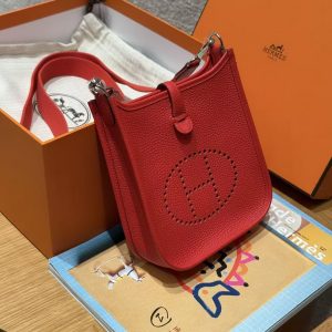 Hermes Evelyne 16 CM Bag Handmade In Taurillon Clemence Leather Silver Hardware S3 Rouge Coeur - Image 9