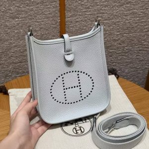 Hermes Evelyne 16 CM Bag Handmade In Taurillon Clemence Leather Sliver Hardware T0 Blue Brume