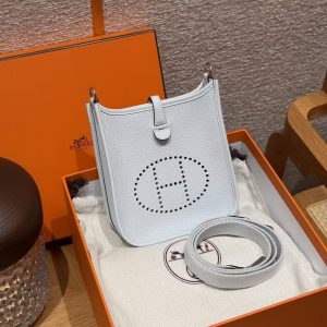 Hermes Evelyne 16 CM Bag Handmade In Taurillon Clemence Leather Sliver Hardware T0 Blue Brume - Image 14